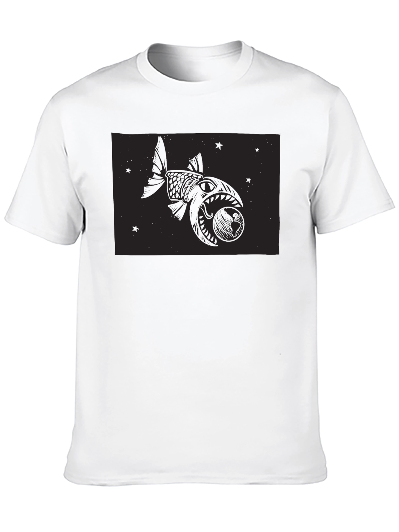 Black T-Shirt with Fish and Globe Graphic