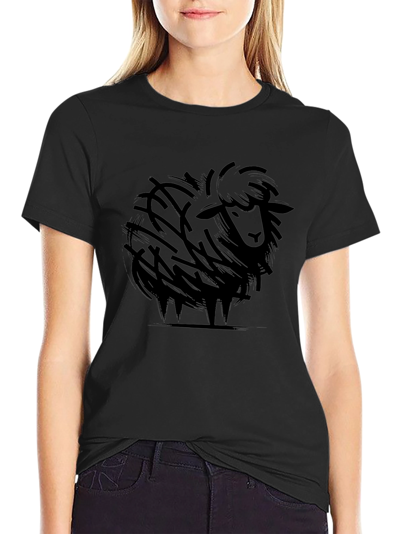Stylized Sheep Graphic Tee - Black Cotton