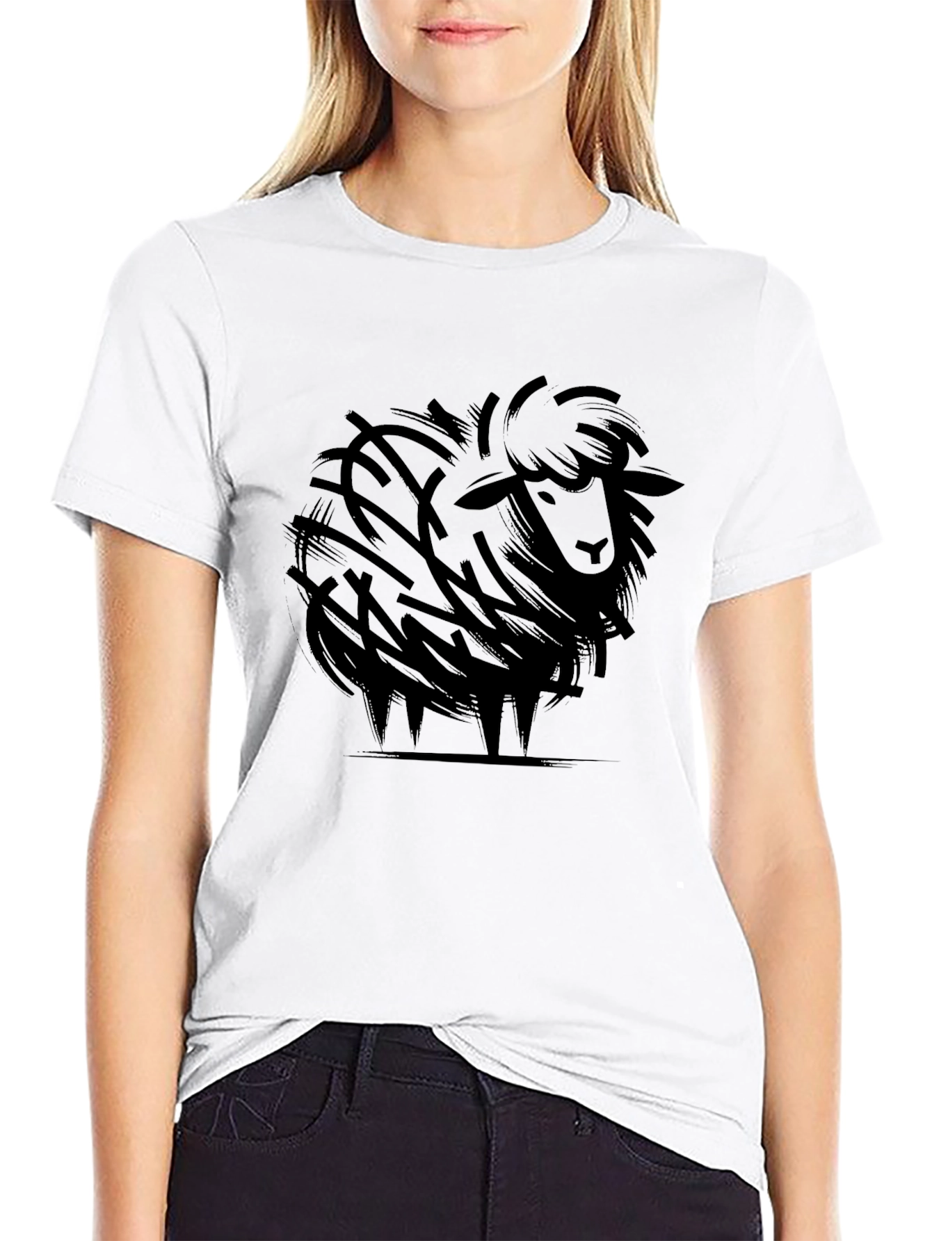 Stylized Sheep Graphic Tee - Black Cotton