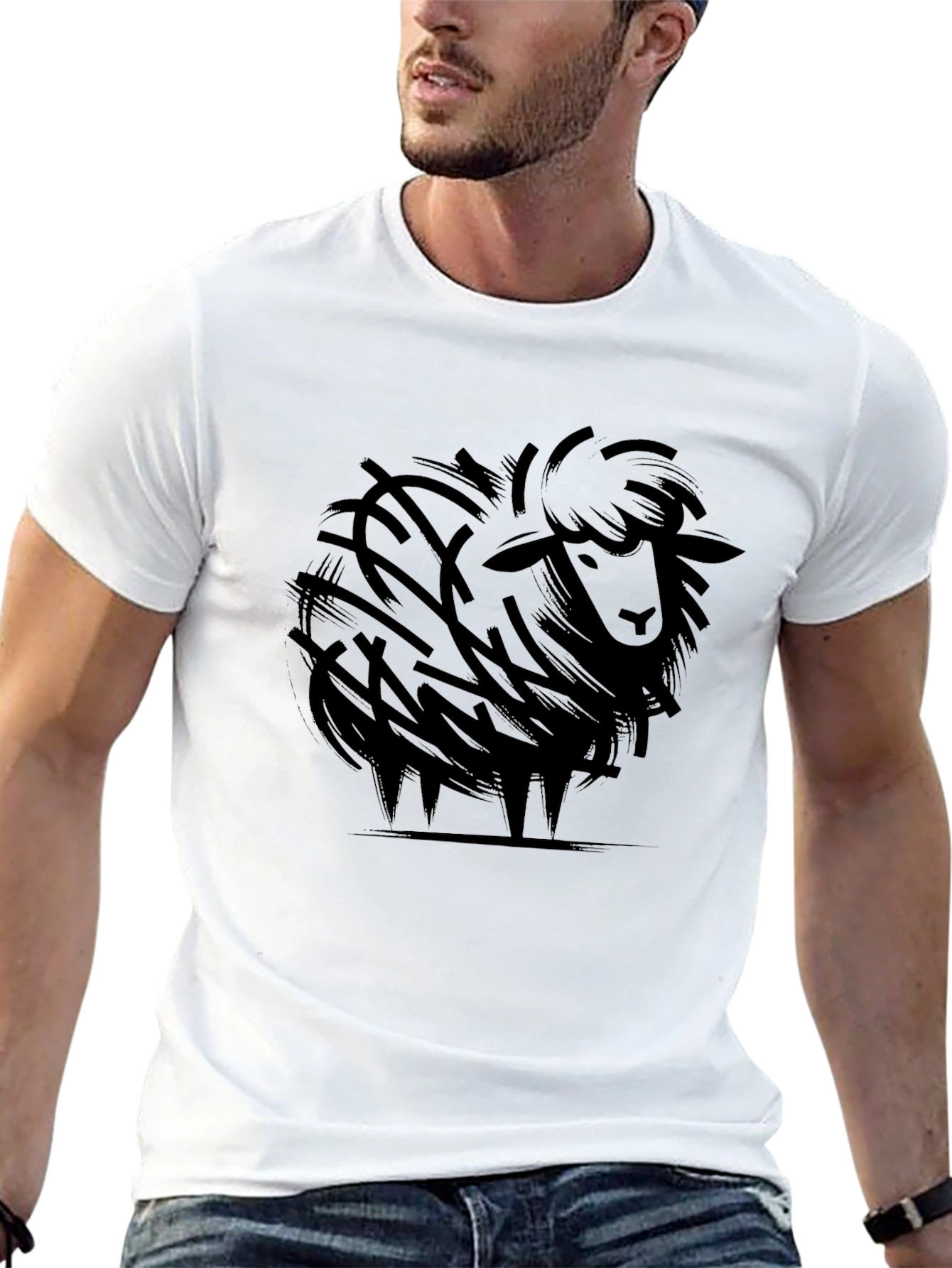 Stylized Sheep Graphic Tee - Black Cotton