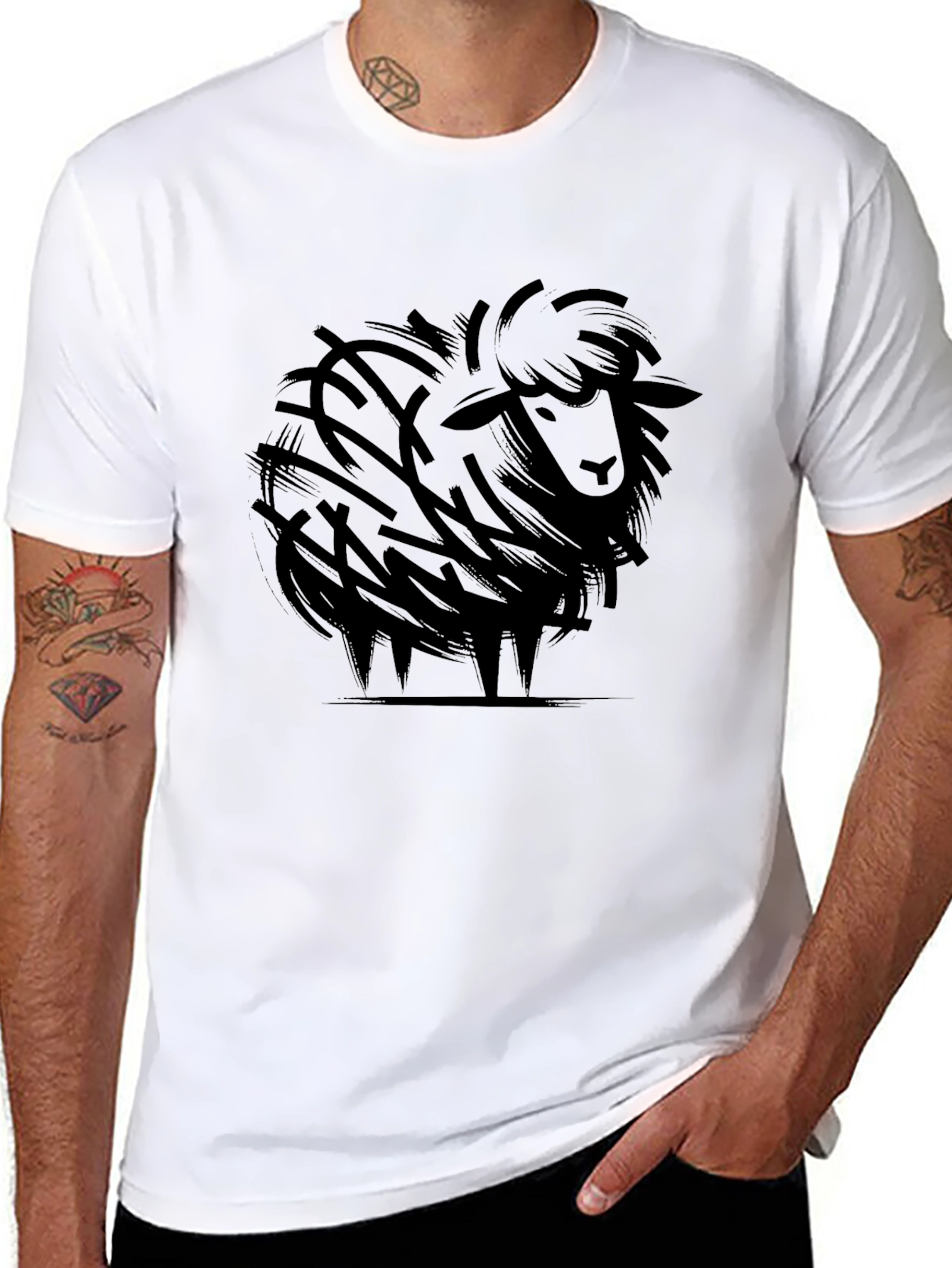 Stylized Sheep Graphic Tee - Black Cotton