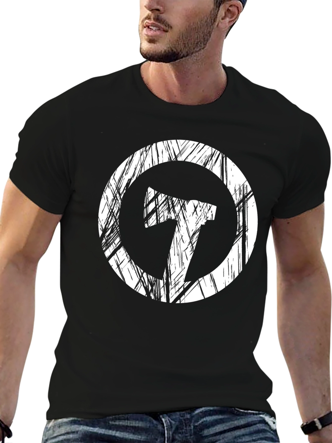 Distressed Circle Axe Graphic Black Tee Shirt