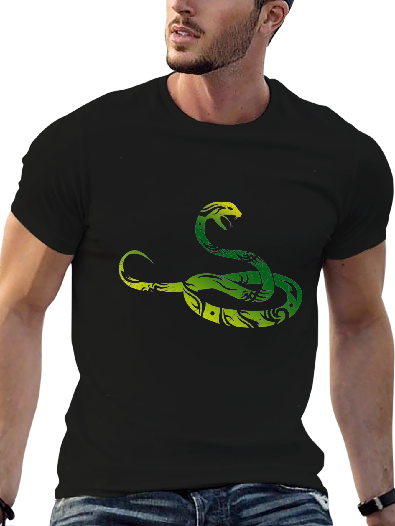 Green Snake Graphic Tee - Stylish Mens Black T-Shirt
