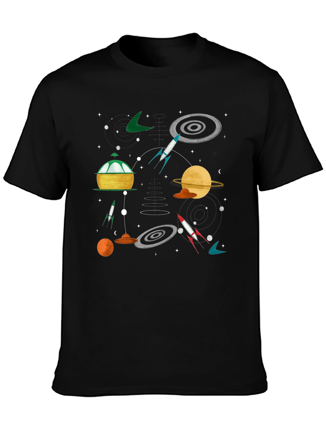 Retro Space Graphic Tee - Black Cotton T-Shirt
