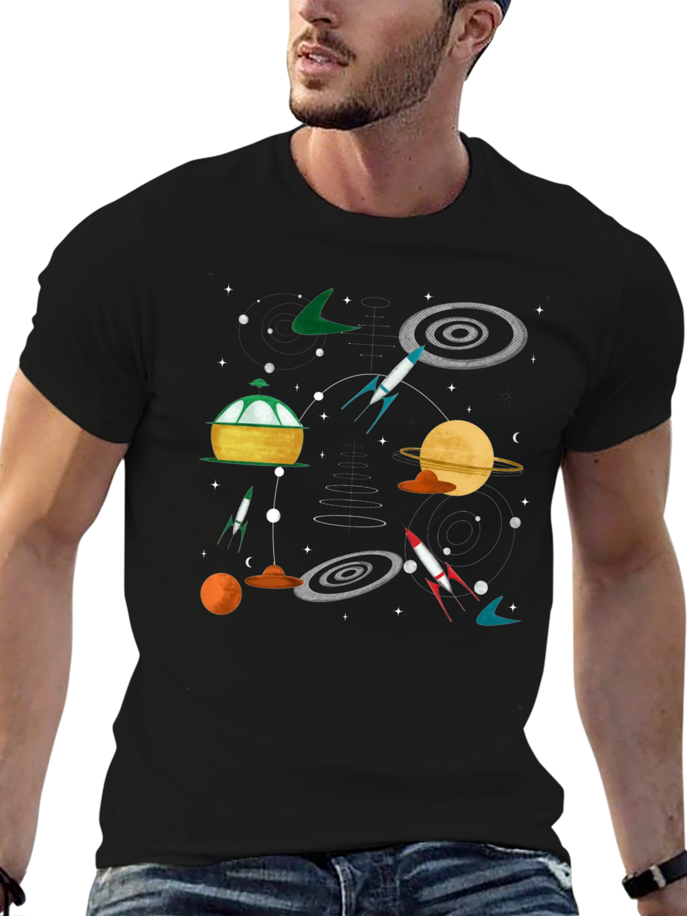Retro Space Graphic Tee - Black Cotton T-Shirt