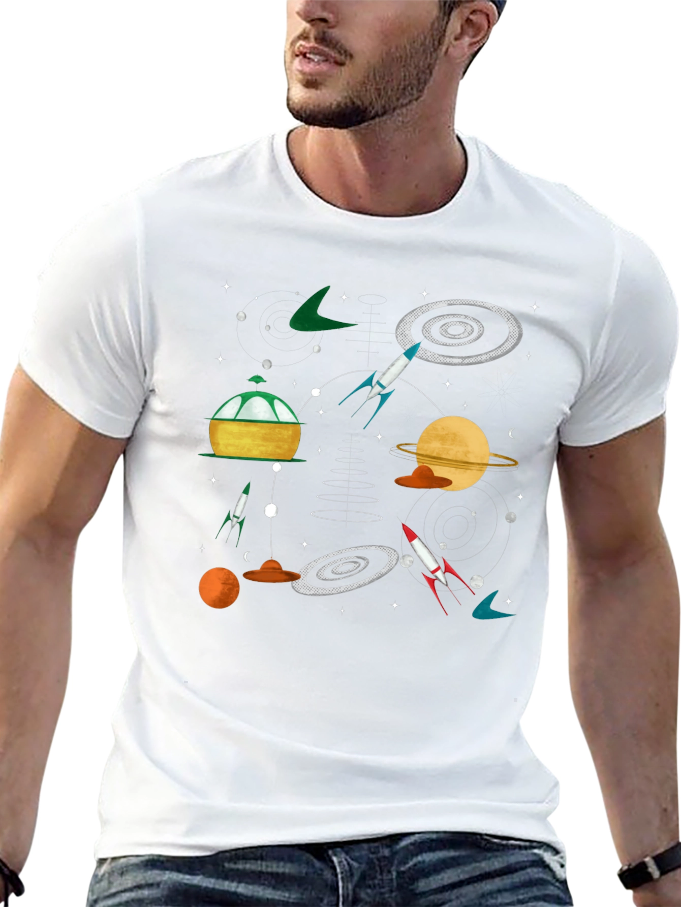 Retro Space Graphic Tee - Black Cotton T-Shirt
