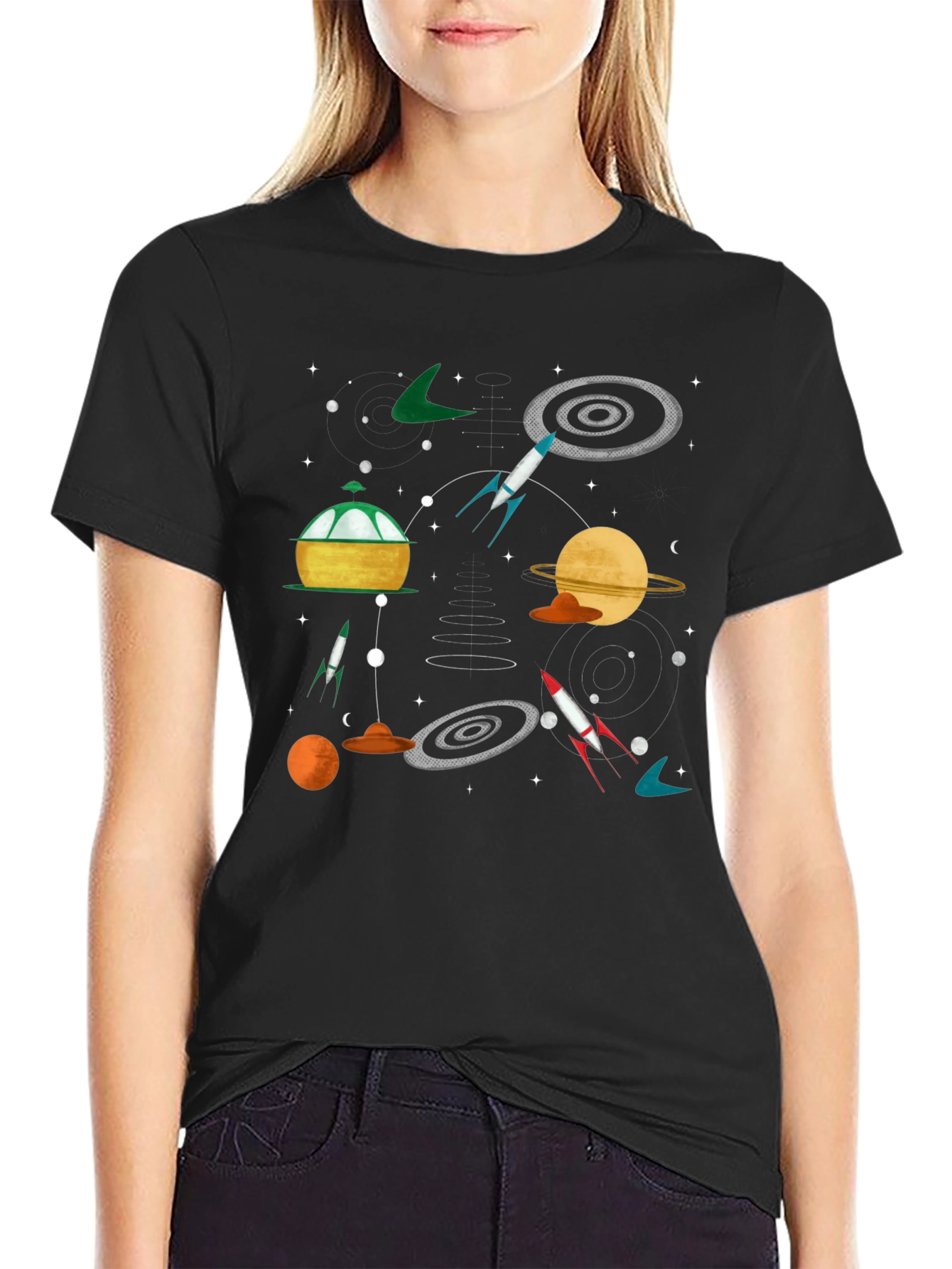 Retro Space Graphic Tee - Black Cotton T-Shirt