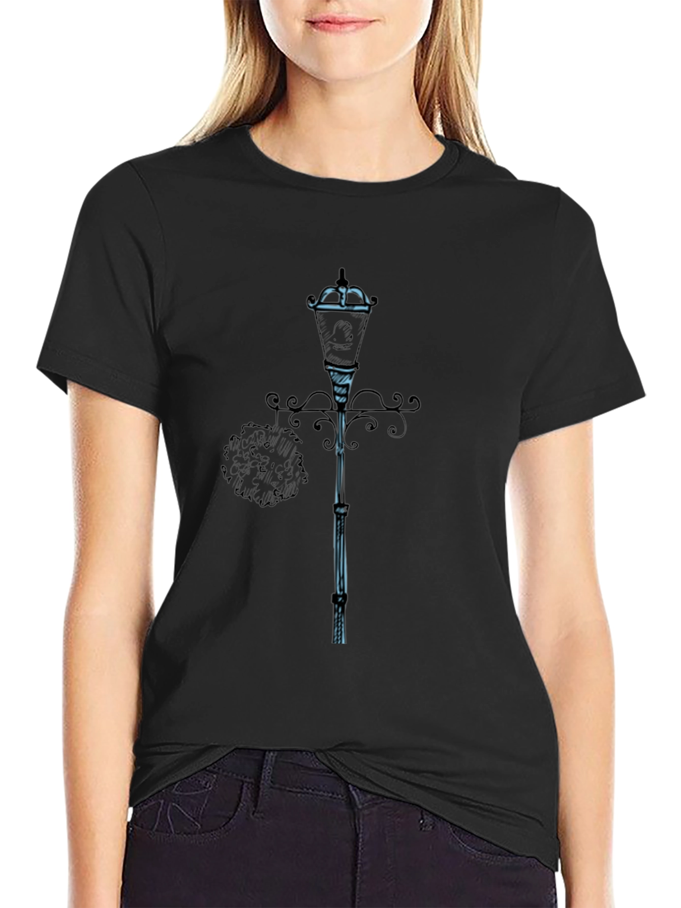 Stylish Black T-Shirt with Lamp Post Design