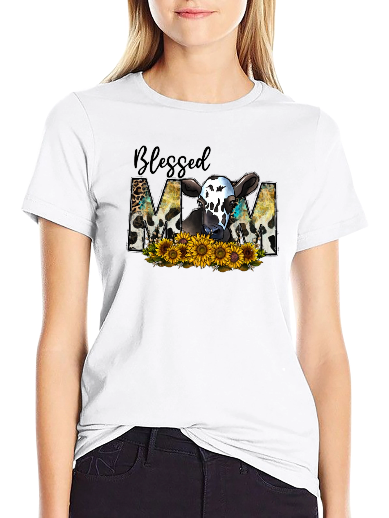Blessed Mom Cow Sunflower T-Shirt