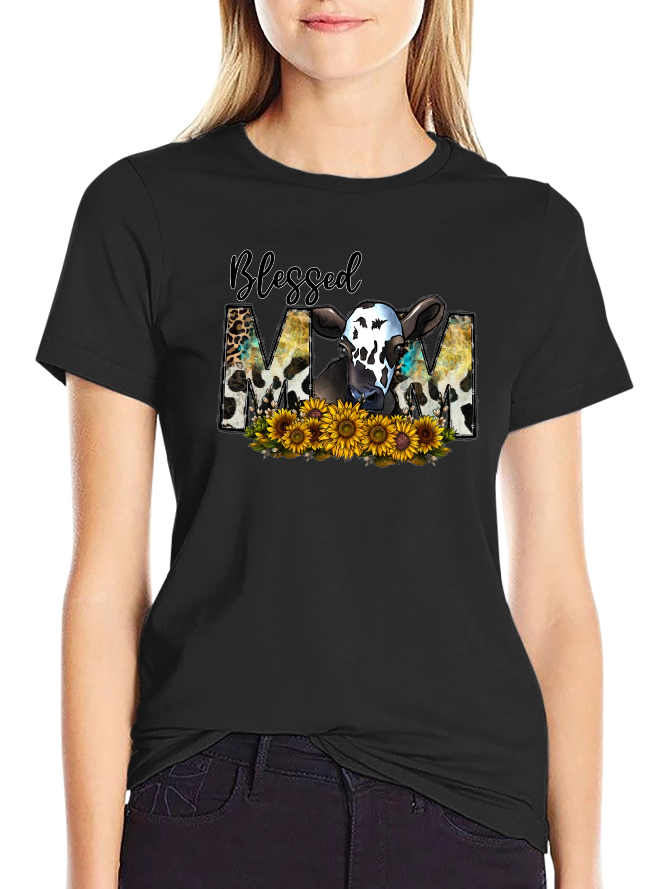 Blessed Mom Cow Sunflower T-Shirt