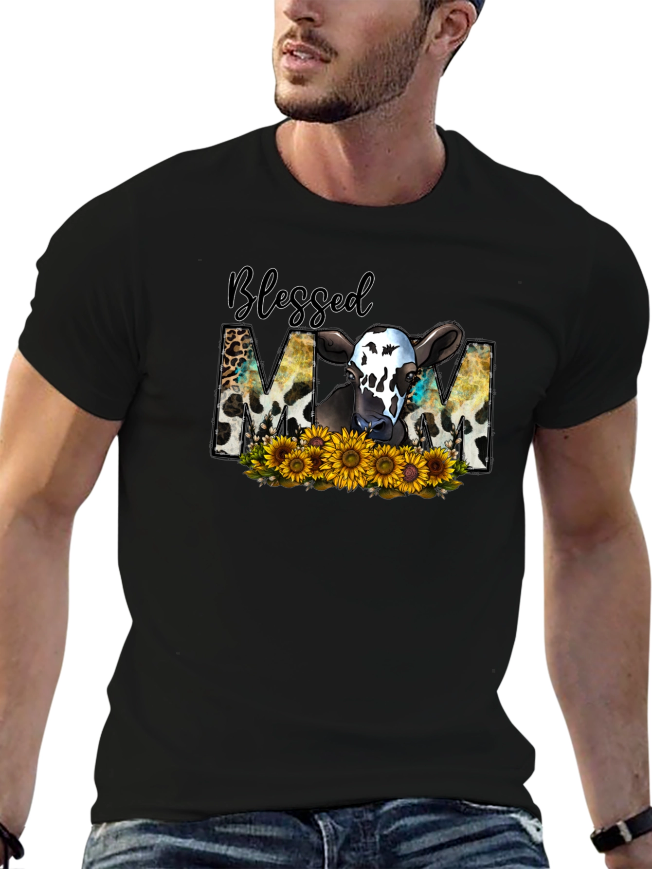Blessed Mom Cow Sunflower T-Shirt