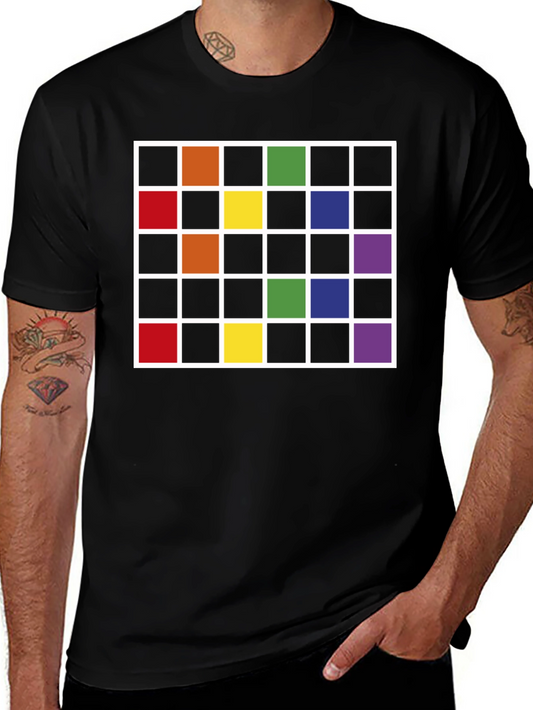 Colorful Grid Pattern Black T-Shirt