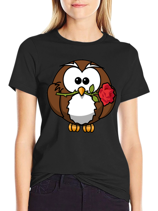 Owl with Rose Graphic Tee - Black Cotton Casual Wear