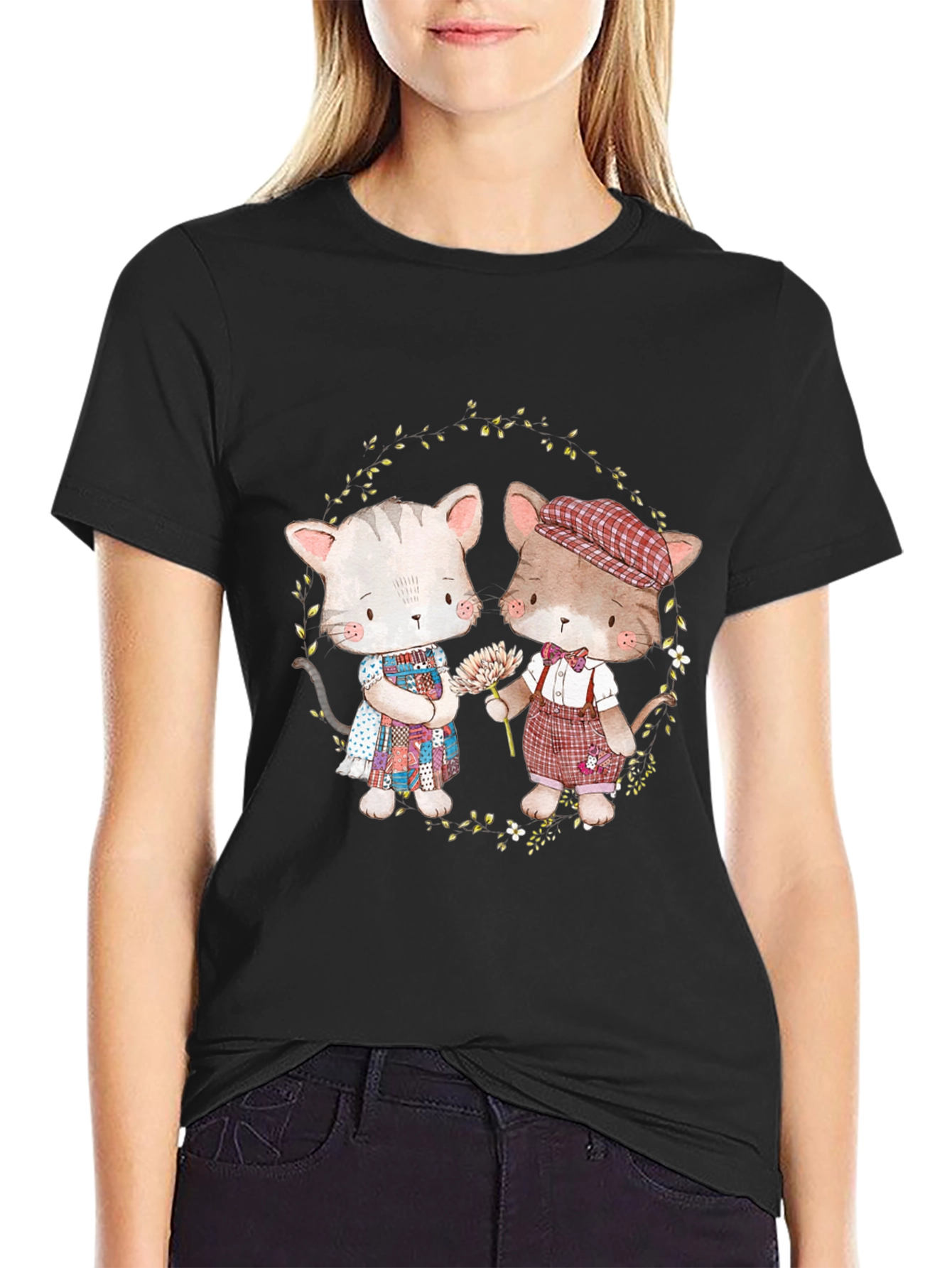 Cute Cartoon Cats Black T-Shirt