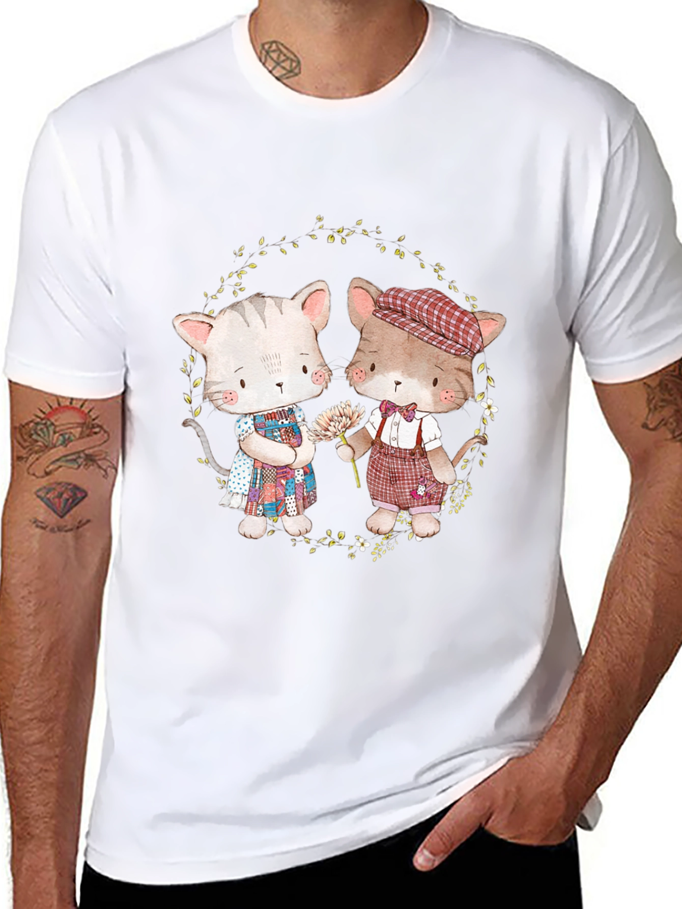 Cute Cartoon Cats Black T-Shirt