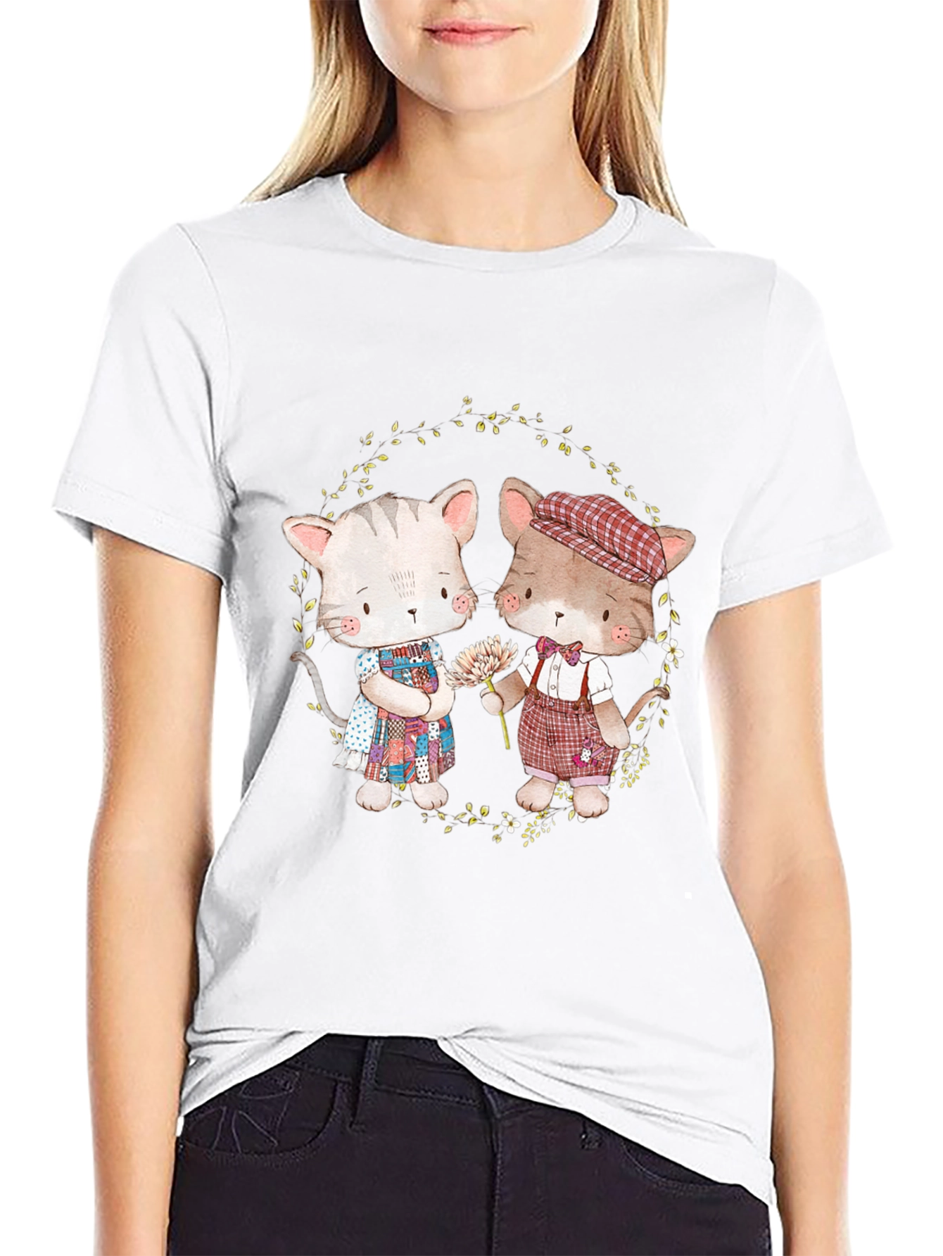 Cute Cartoon Cats Black T-Shirt