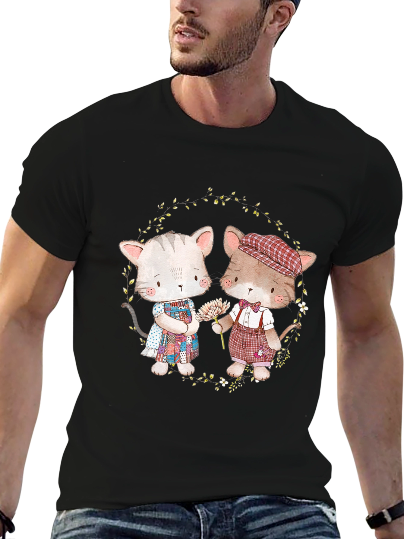 Cute Cartoon Cats Black T-Shirt