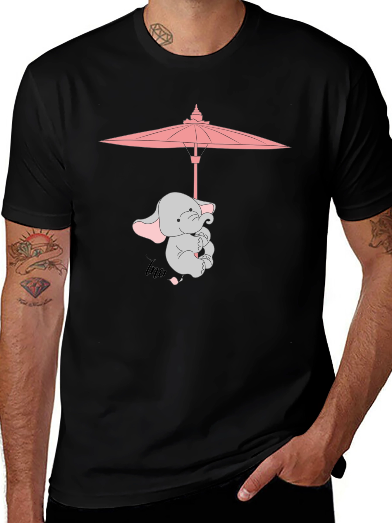 Cute Elephant Umbrella T-Shirt - Black
