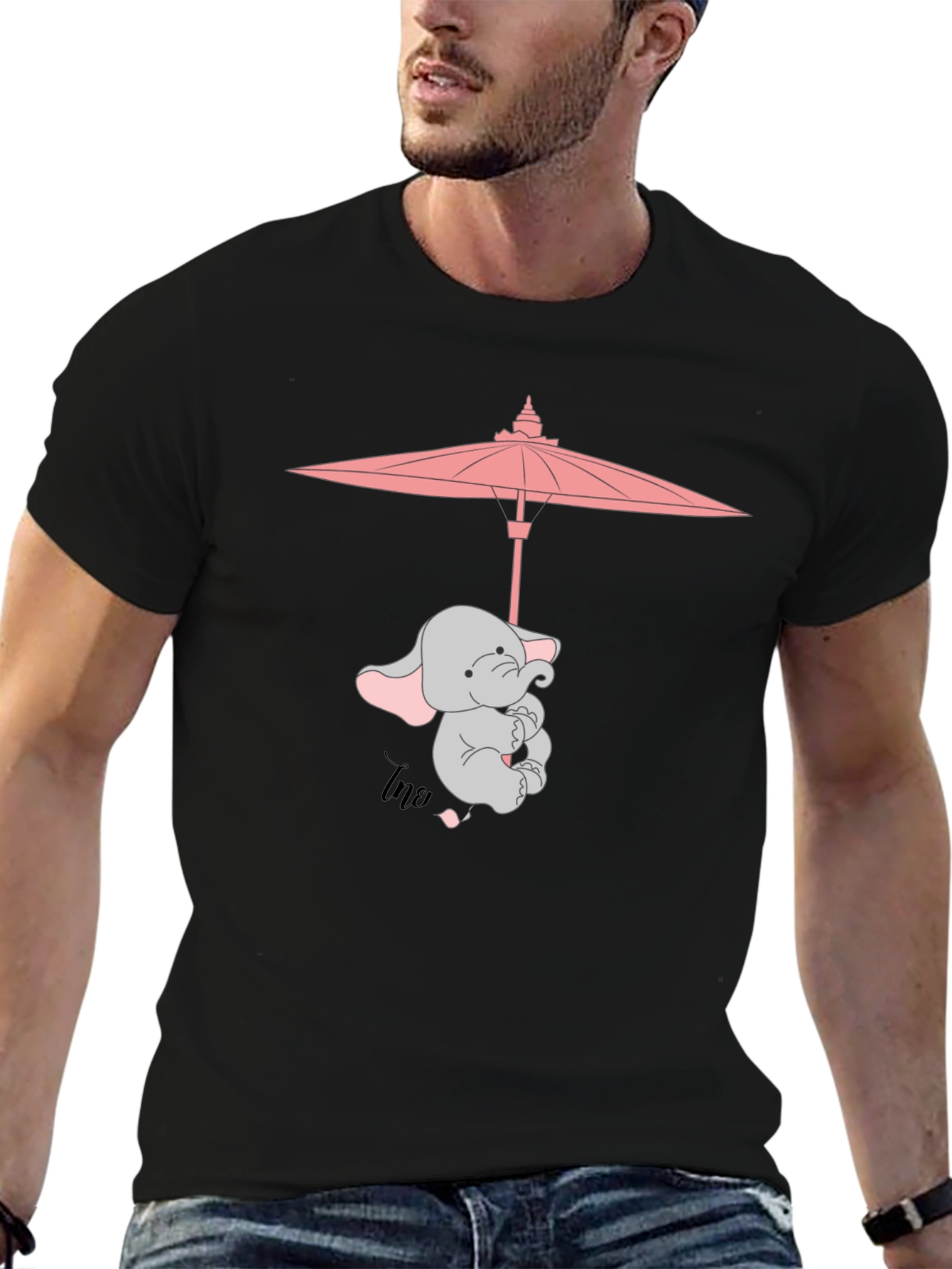 Cute Elephant Umbrella T-Shirt - Black