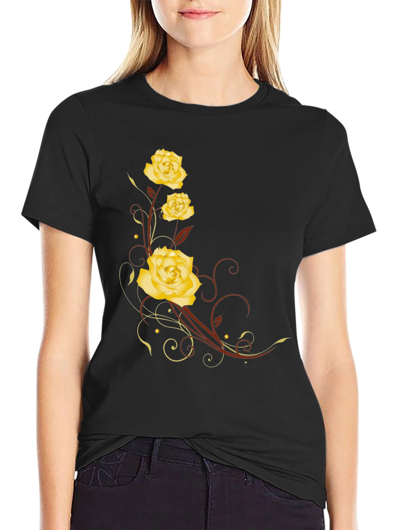 Floral Rose T-Shirt - Elegant Black Tee