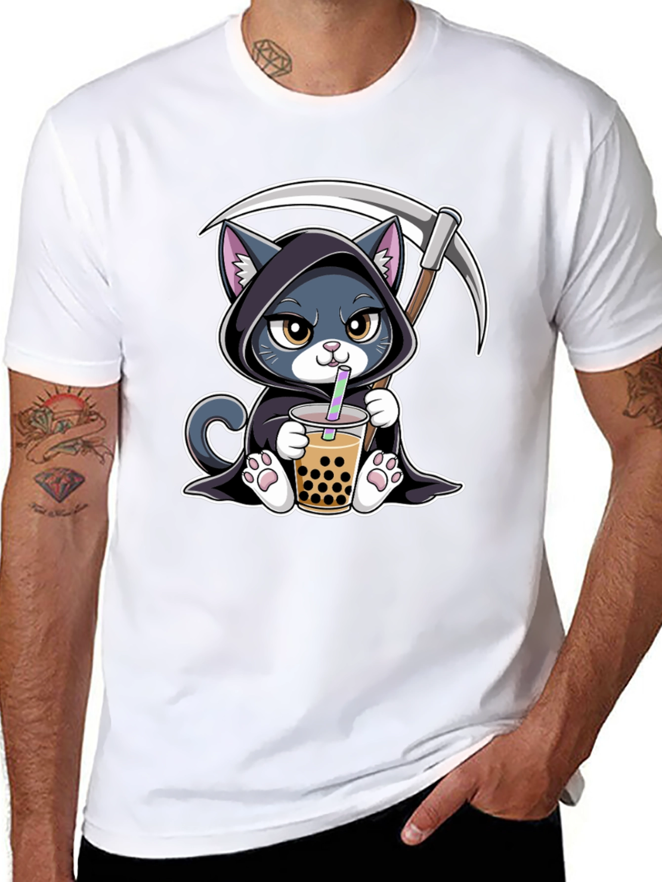 Grim Reaper Cat Boba Tea Graphic Tee