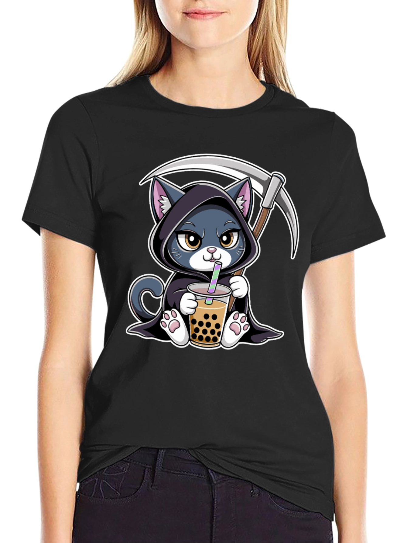 Grim Reaper Cat Boba Tea Graphic Tee