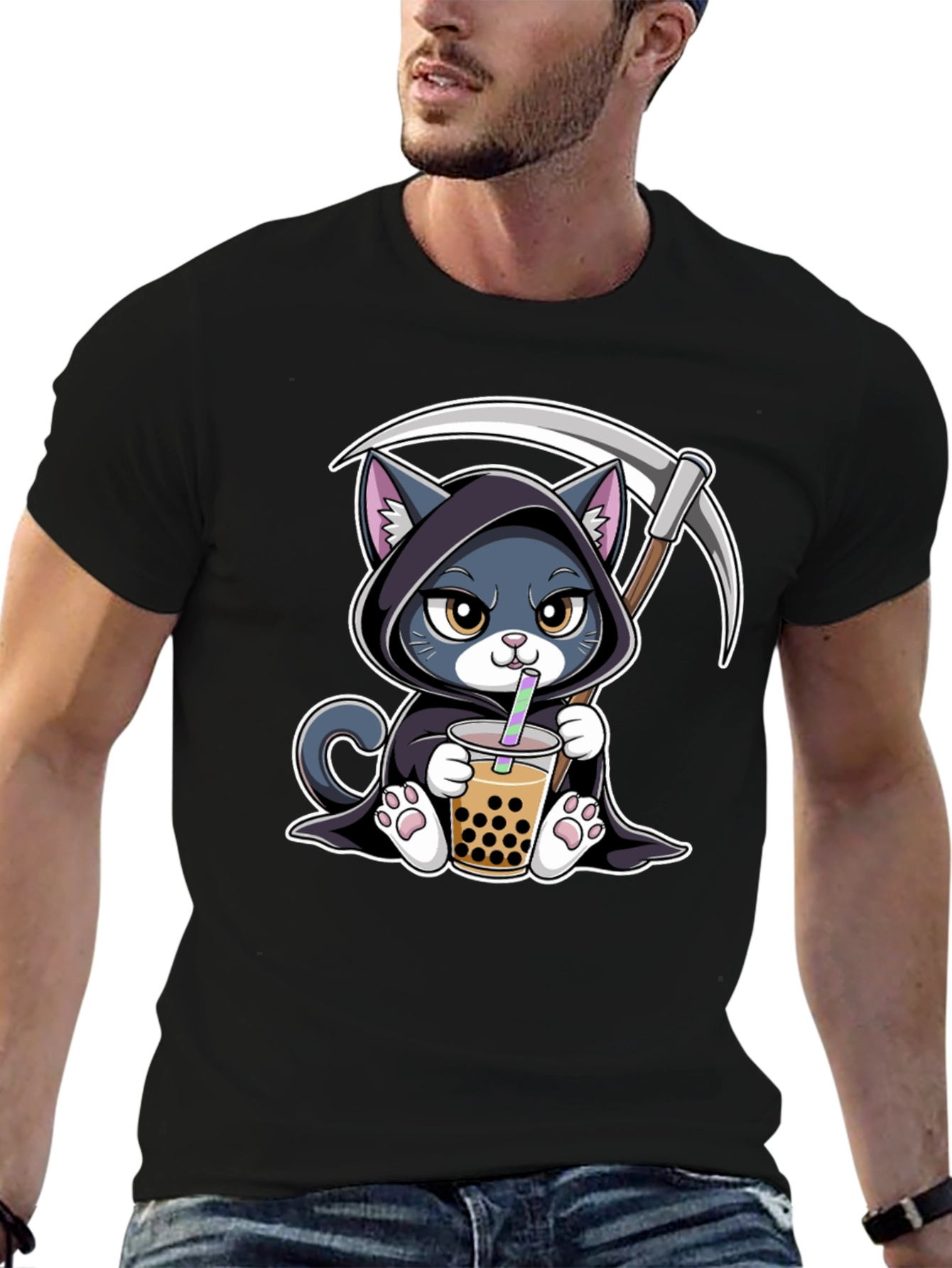 Grim Reaper Cat Boba Tea Graphic Tee