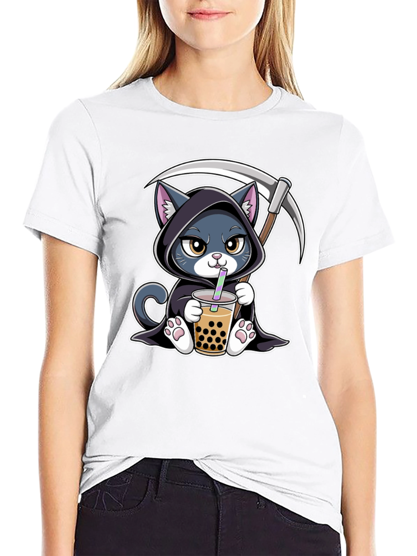 Grim Reaper Cat Boba Tea Graphic Tee