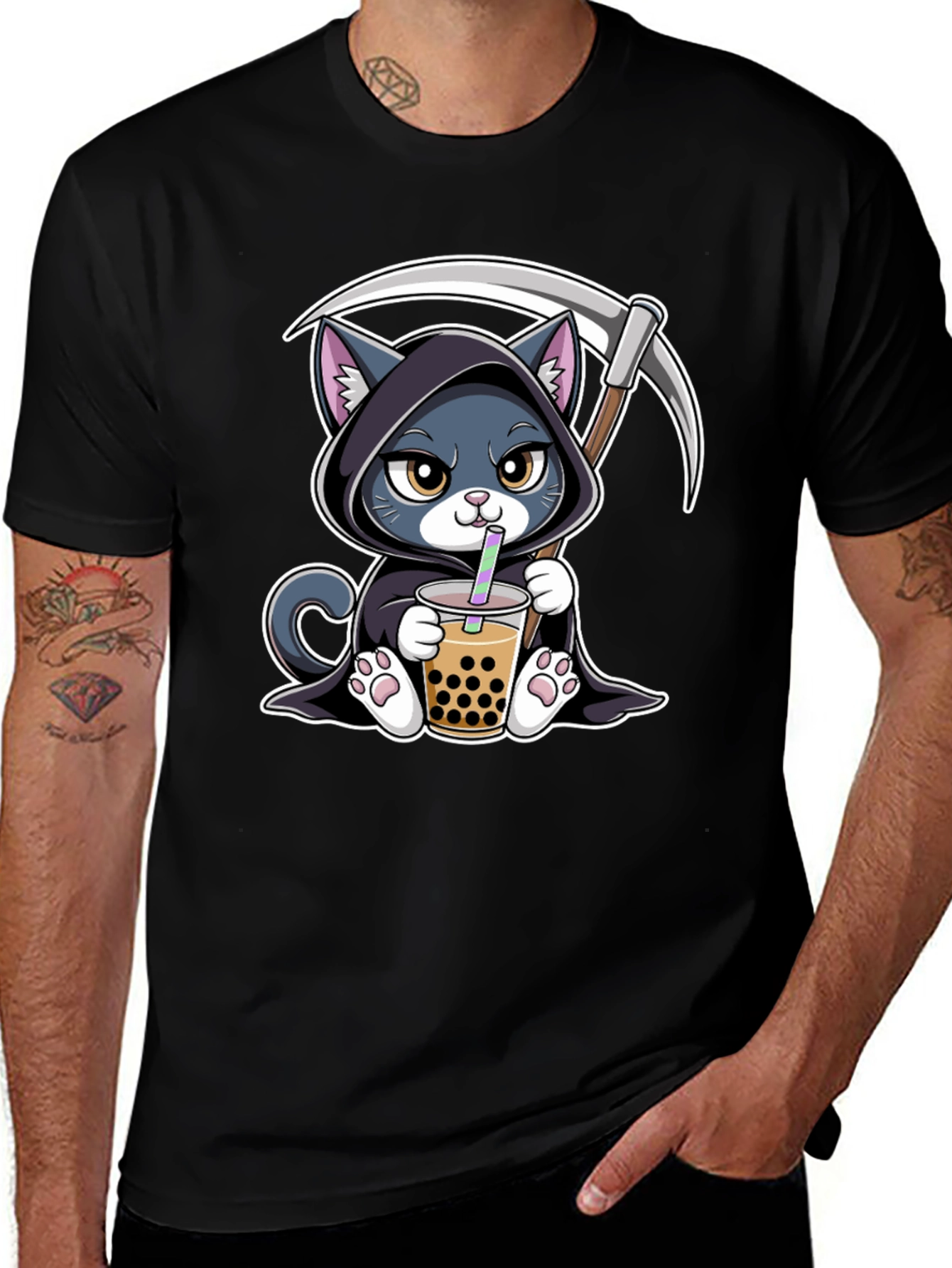 Grim Reaper Cat Boba Tea Graphic Tee