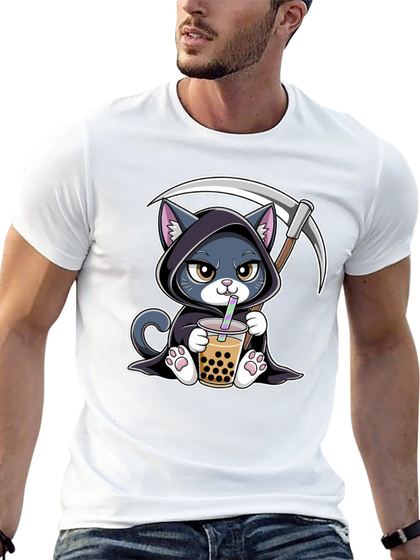 Grim Reaper Cat Boba Tea Graphic Tee