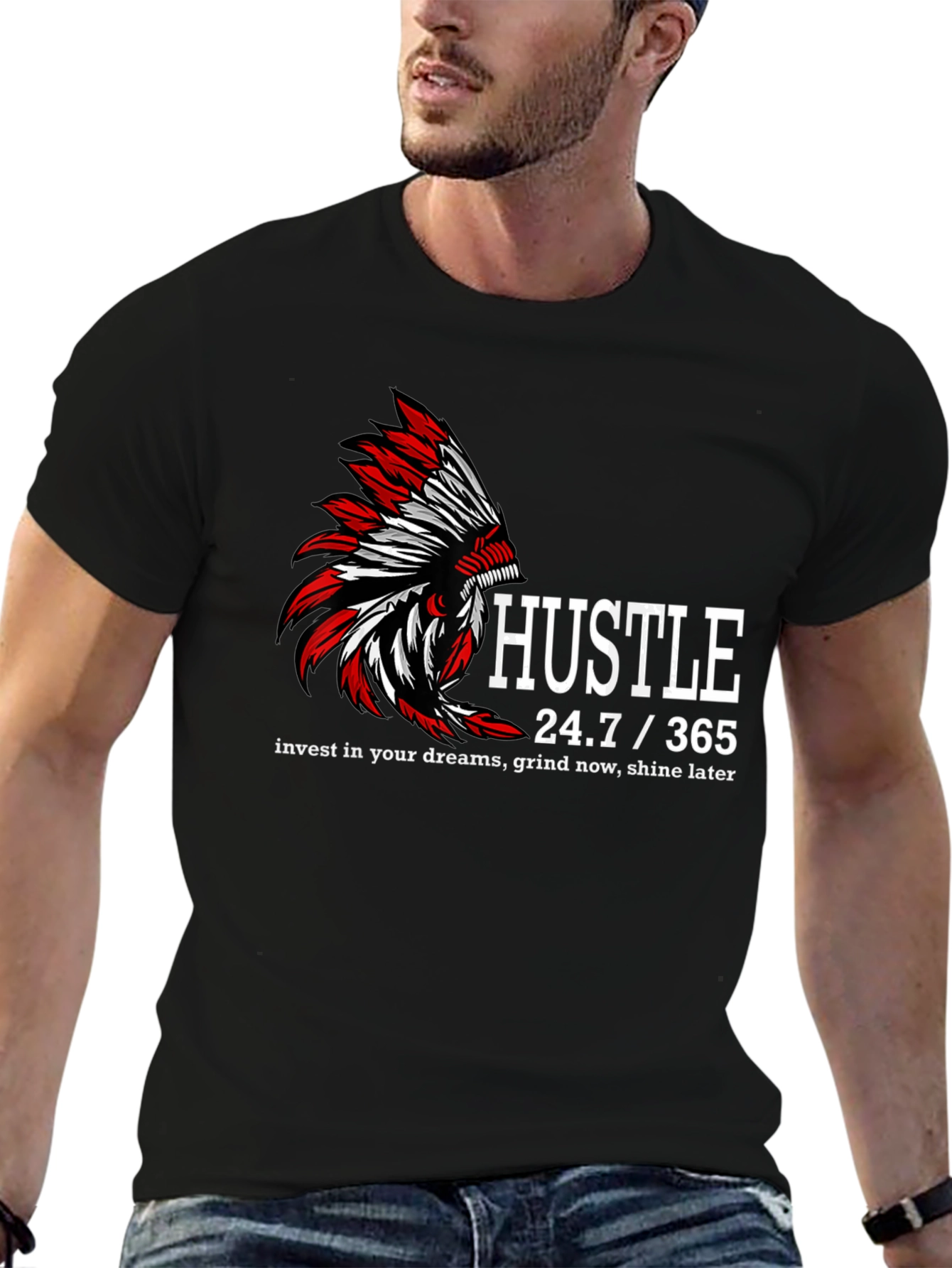 Hustle 24/7/365 Graphic Print Black T-Shirt