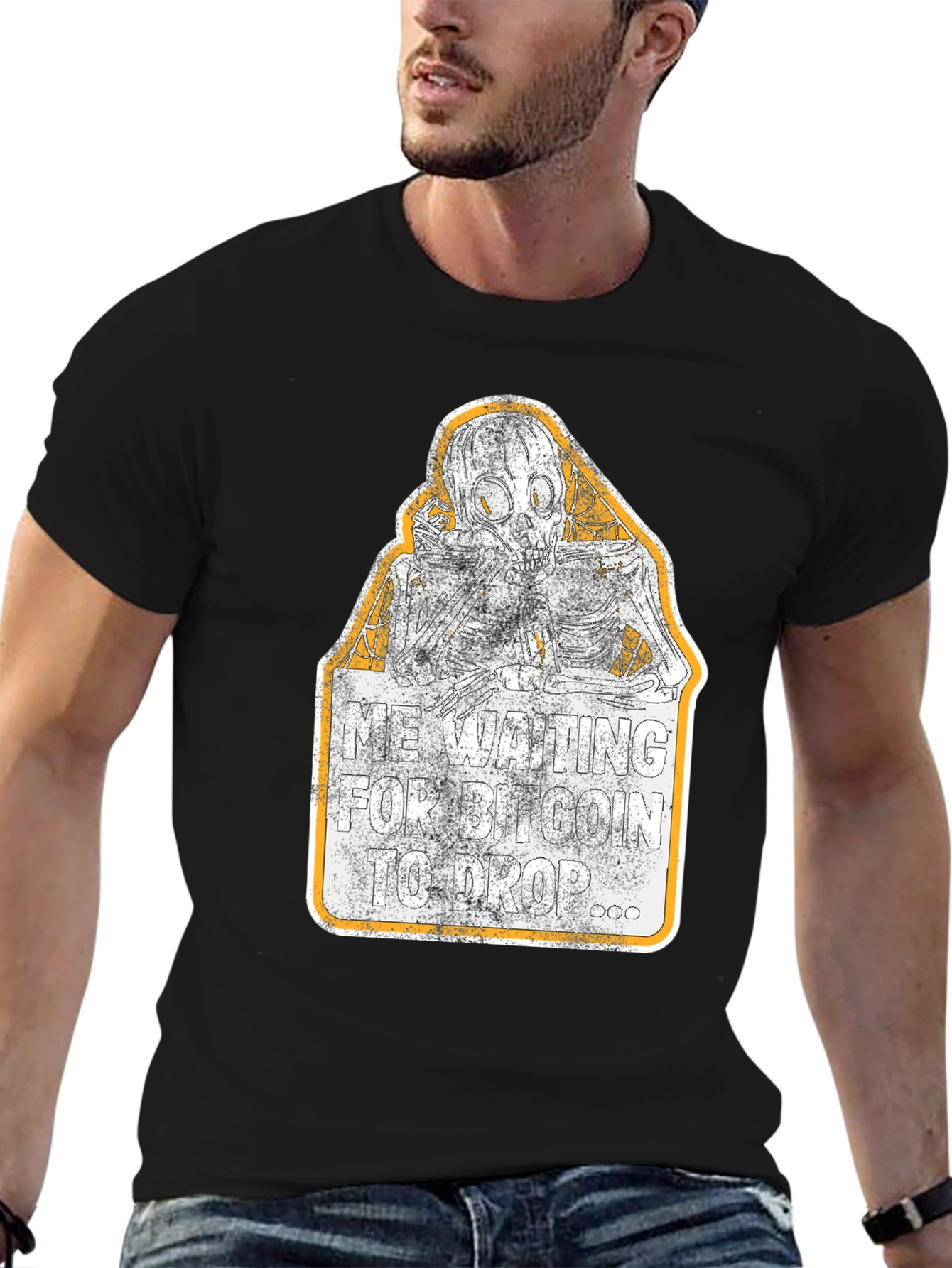 Bitcoin Crypto Investor Waiting Skeleton Graphic T-Shirt