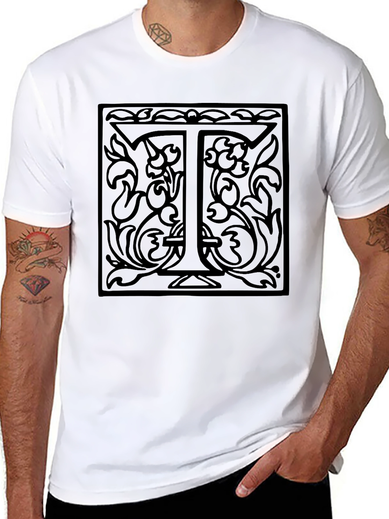 Monogram T Letter Floral Black Graphic Tee