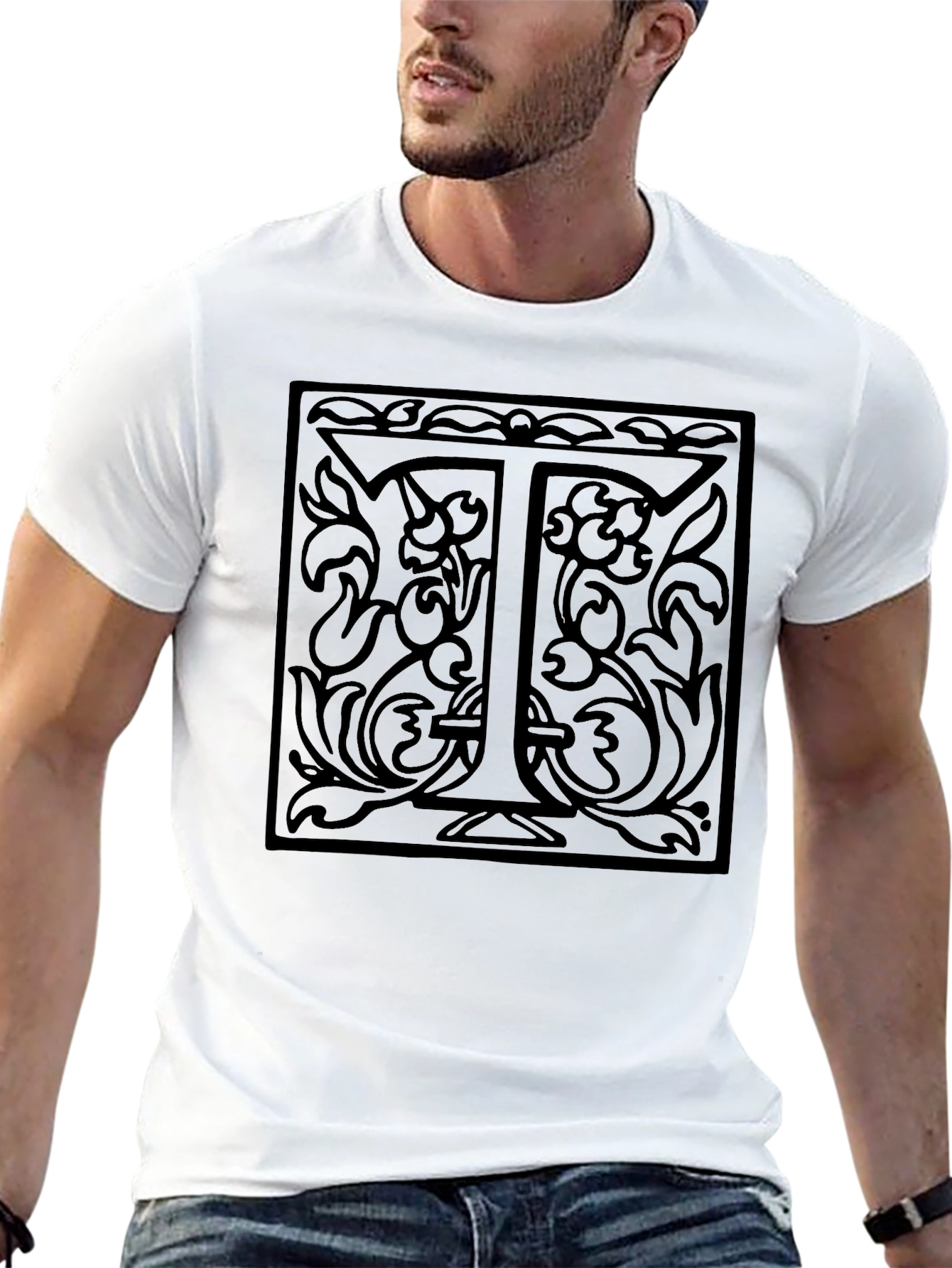 Monogram T Letter Floral Black Graphic Tee