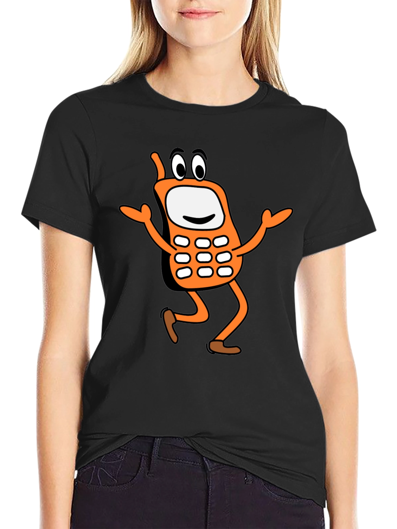 Funny Cartoon Cell Phone Black T-Shirt