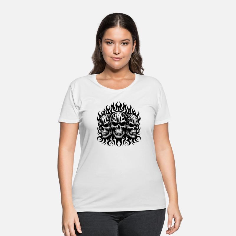 Three Grinning Skull Flames Tattoo Tribal Style