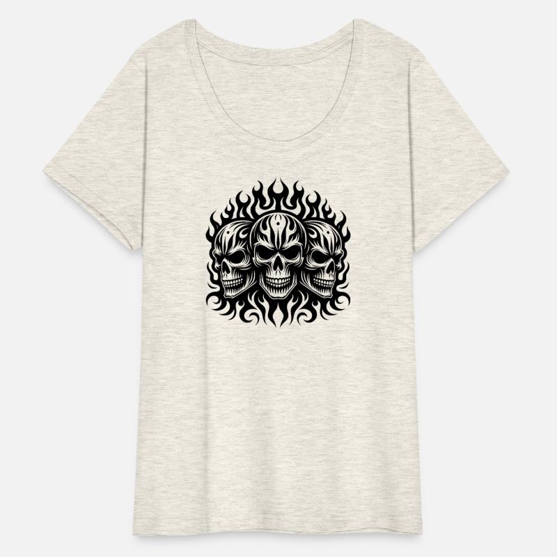 Three Grinning Skull Flames Tattoo Tribal Style