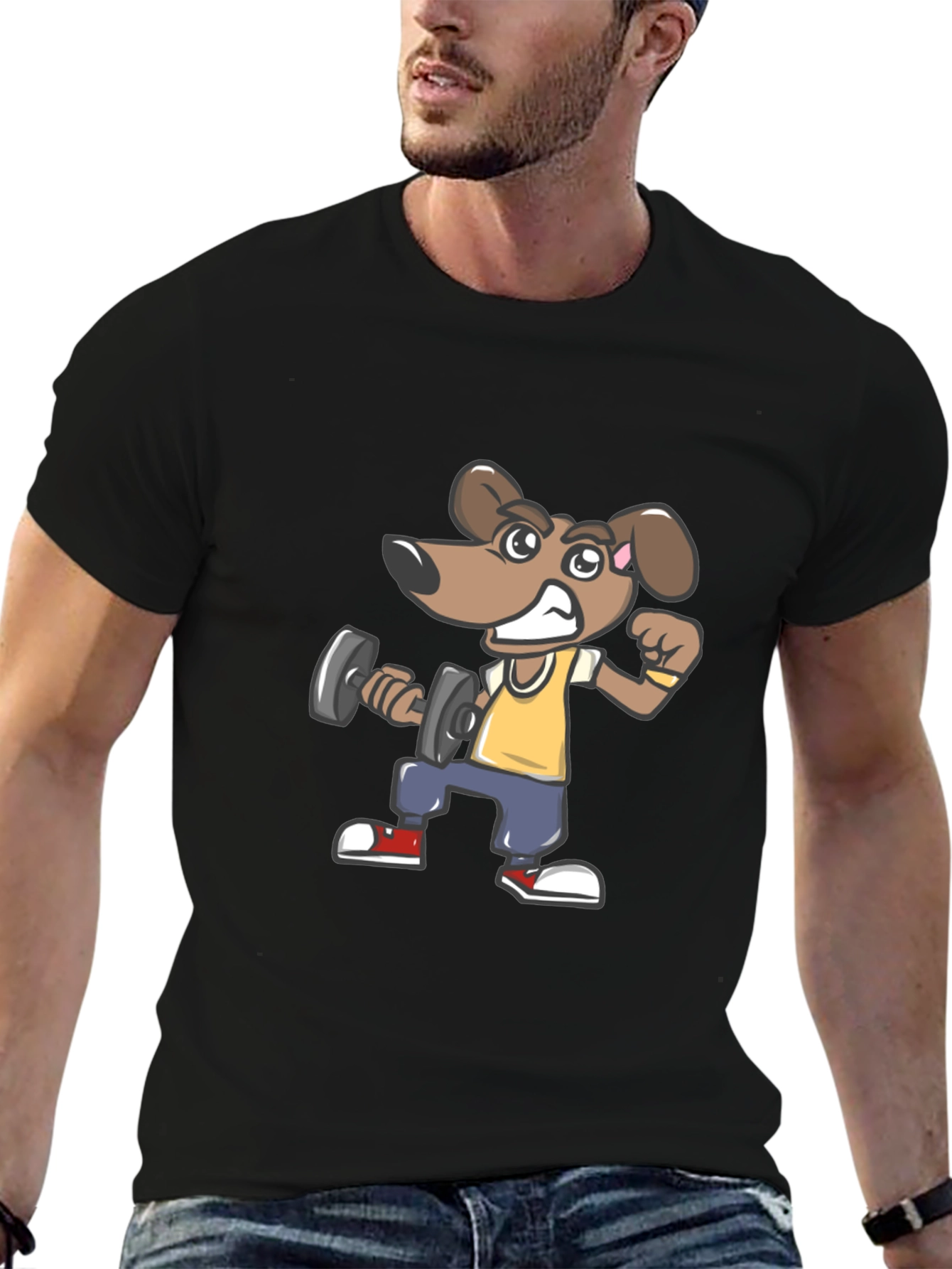 Dog Lifting Dumbbell Black T-Shirt