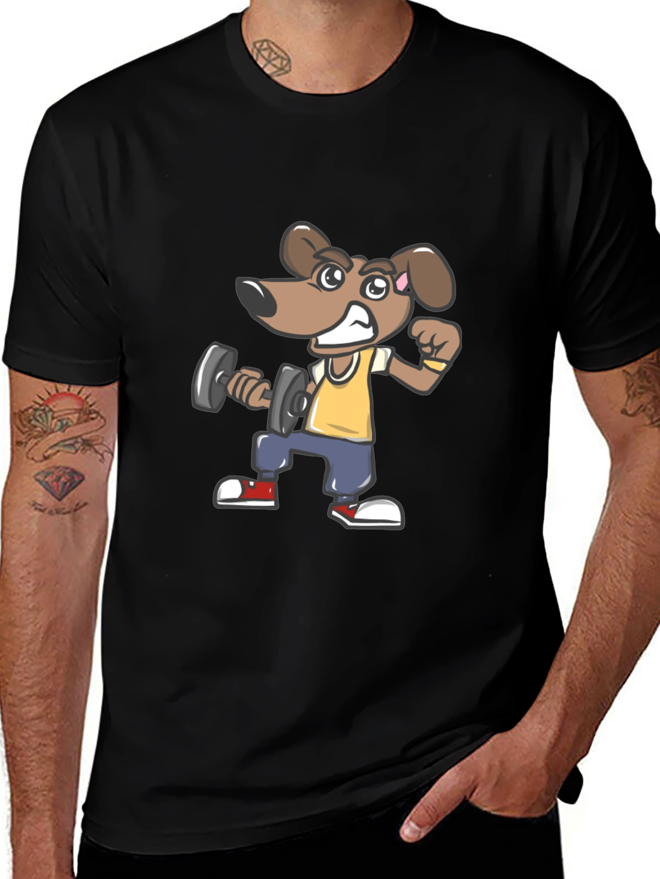 Dog Lifting Dumbbell Black T-Shirt