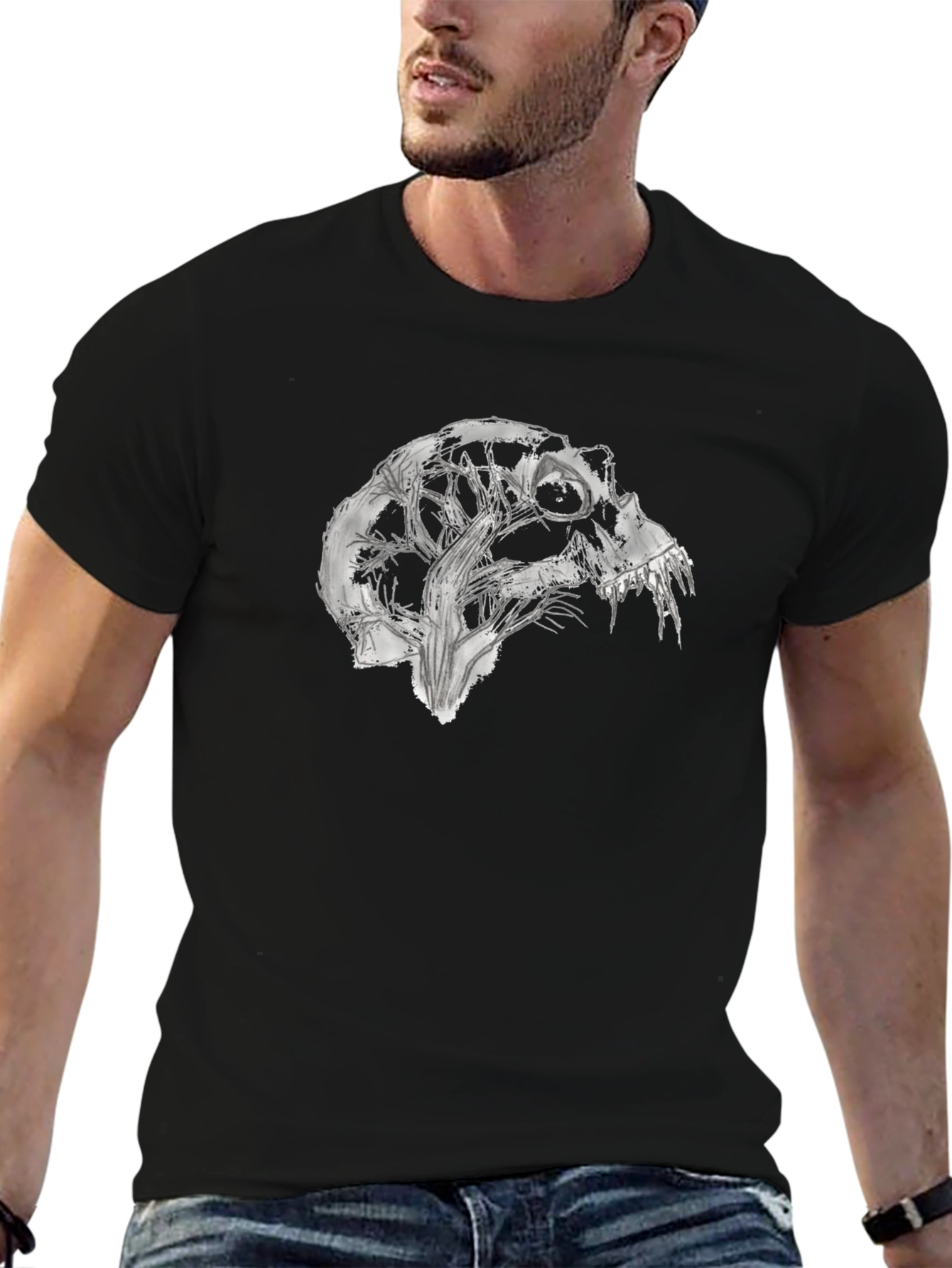 Abstract Skull Graphic Tee - Black Cotton Blend