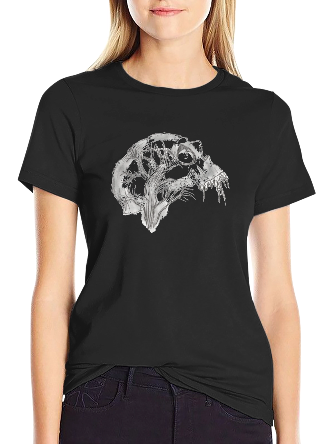 Abstract Skull Graphic Tee - Black Cotton Blend