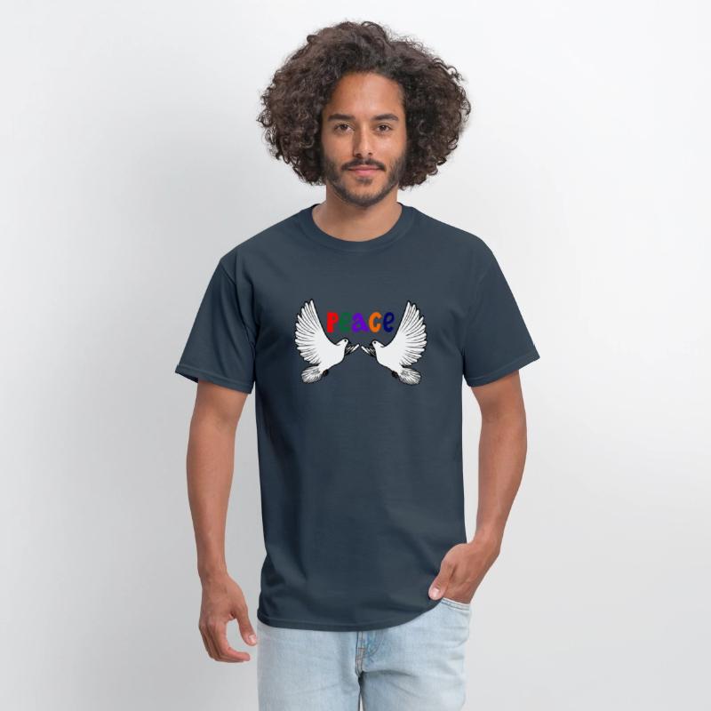 Two white peace doves with colored text in English