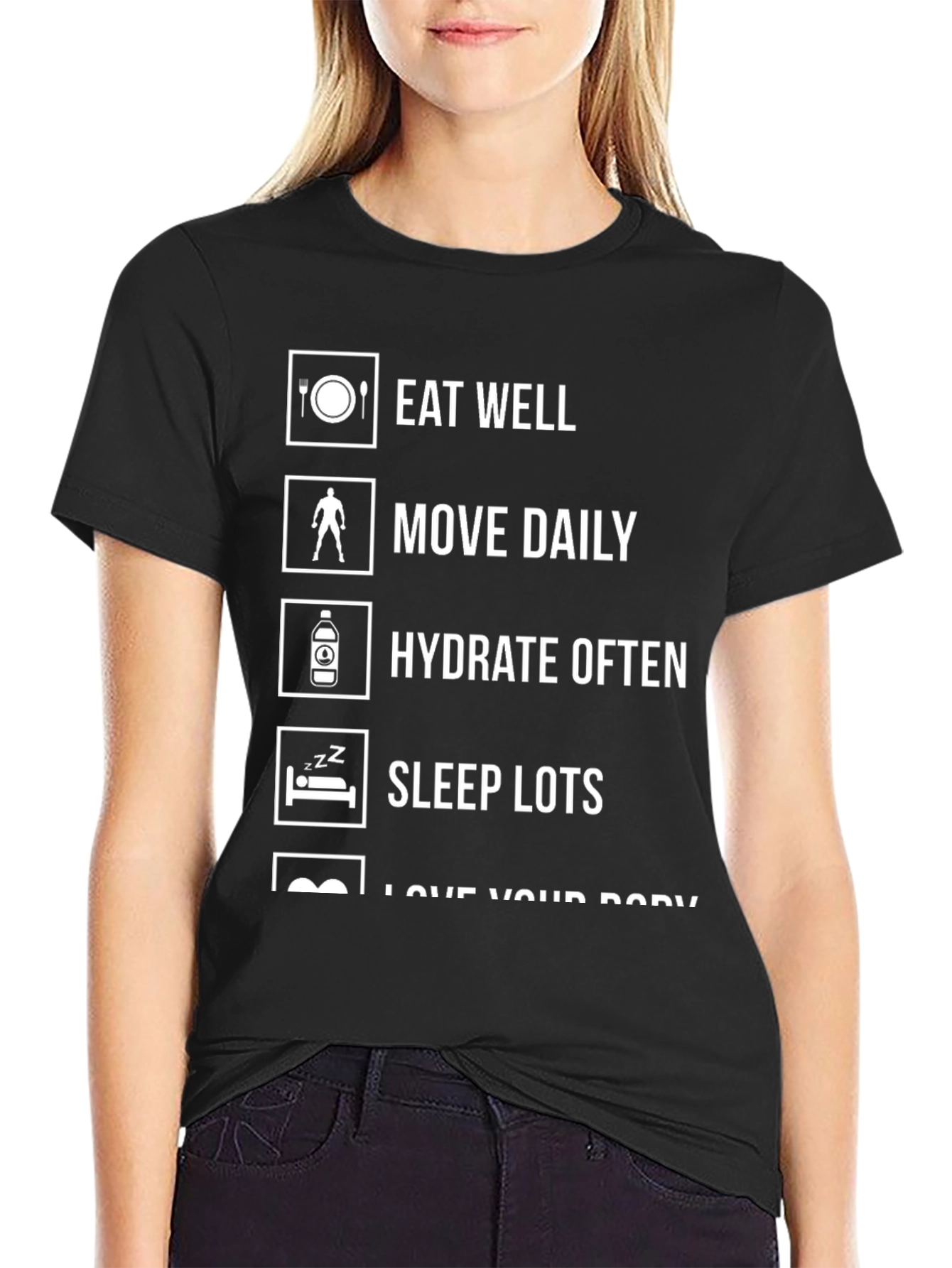 Eat Well Move Daily Hydrate Often Black Graphic Tee