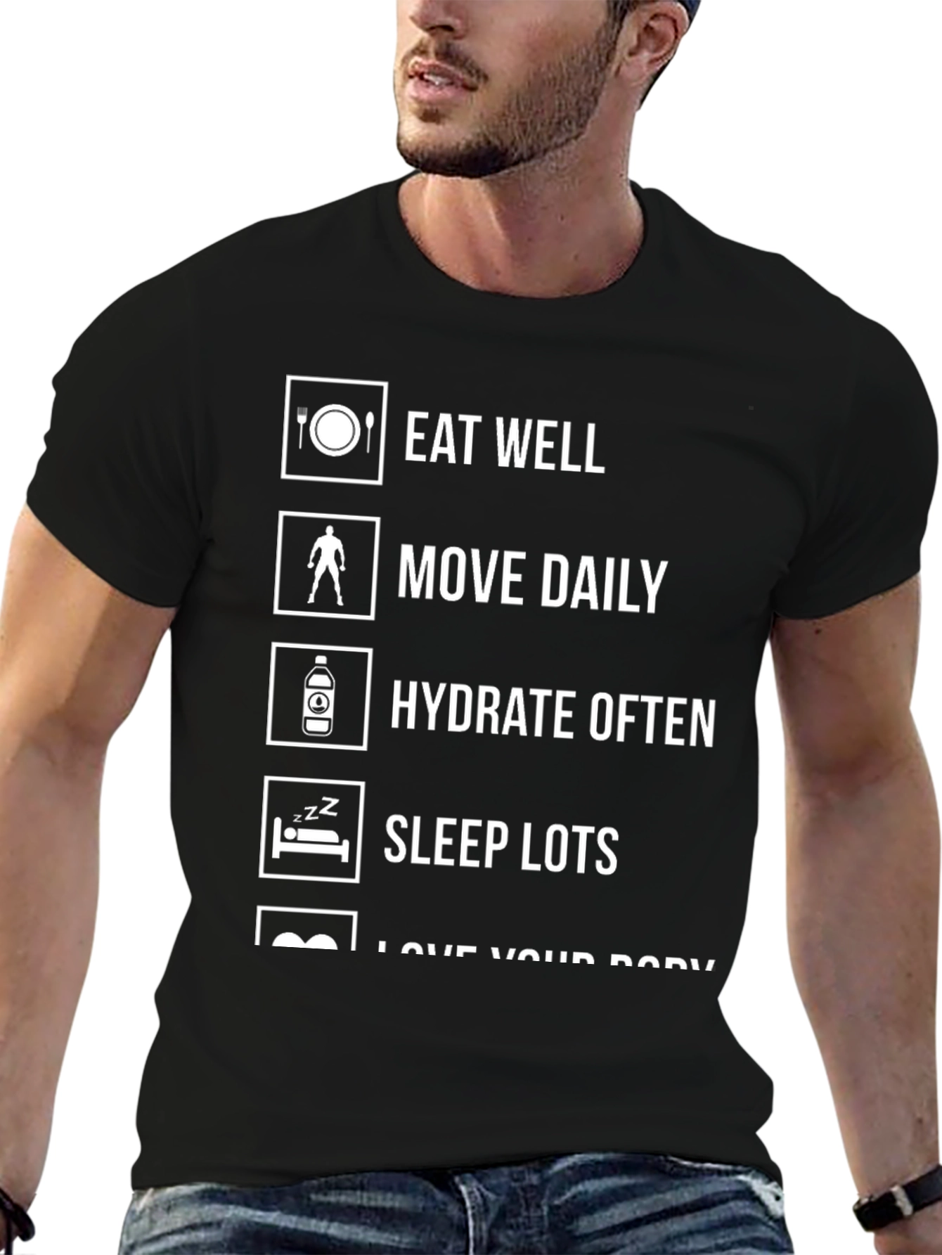 Eat Well Move Daily Hydrate Often Black Graphic Tee
