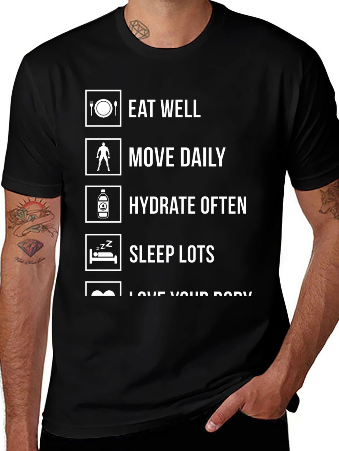 Eat Well Move Daily Hydrate Often Black Graphic Tee