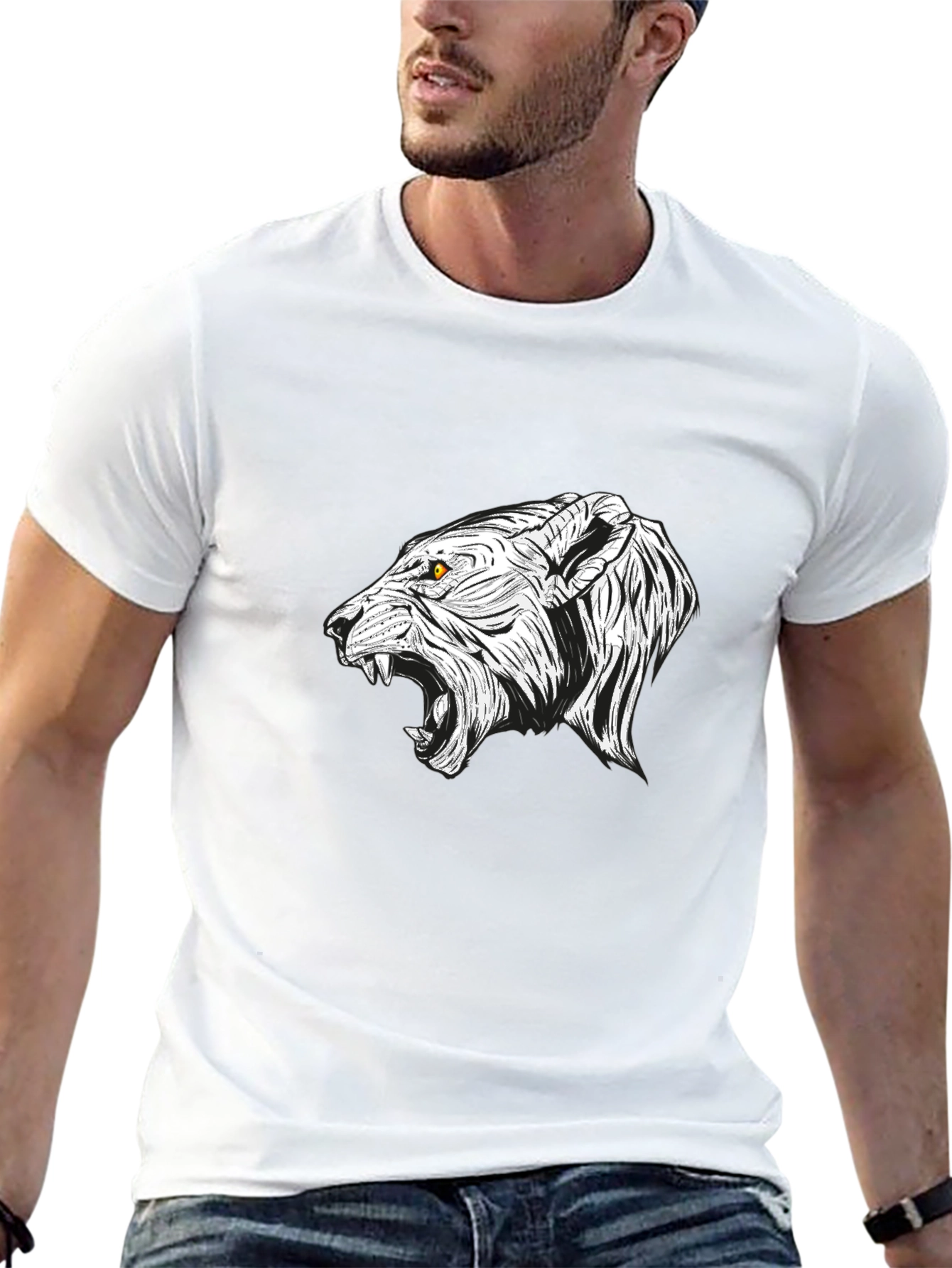 Mens Black T-Shirt with White Lion Graphic