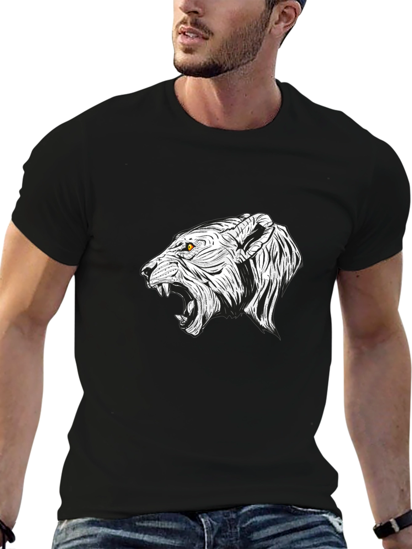 Mens Black T-Shirt with White Lion Graphic