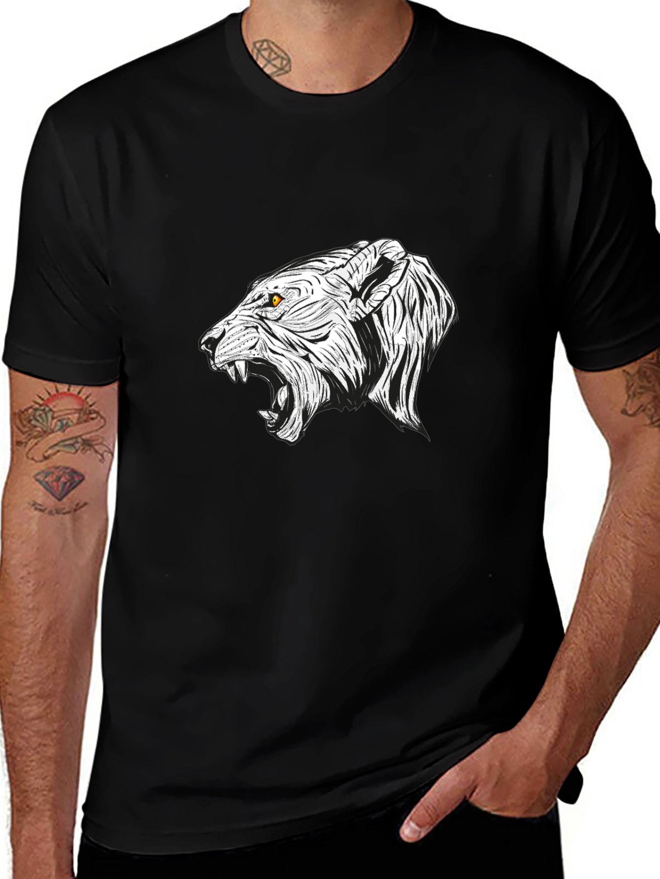 Mens Black T-Shirt with White Lion Graphic