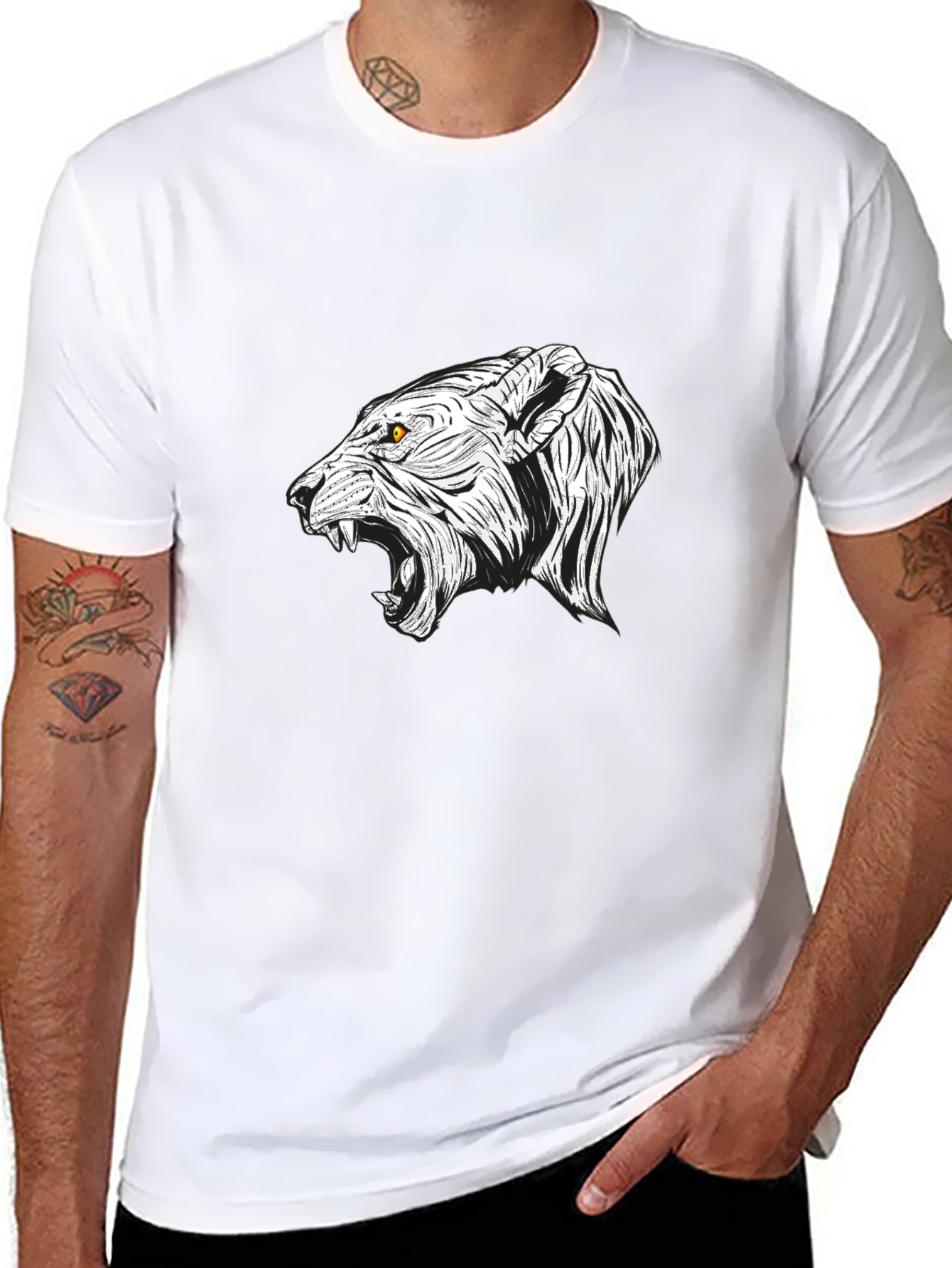 Mens Black T-Shirt with White Lion Graphic