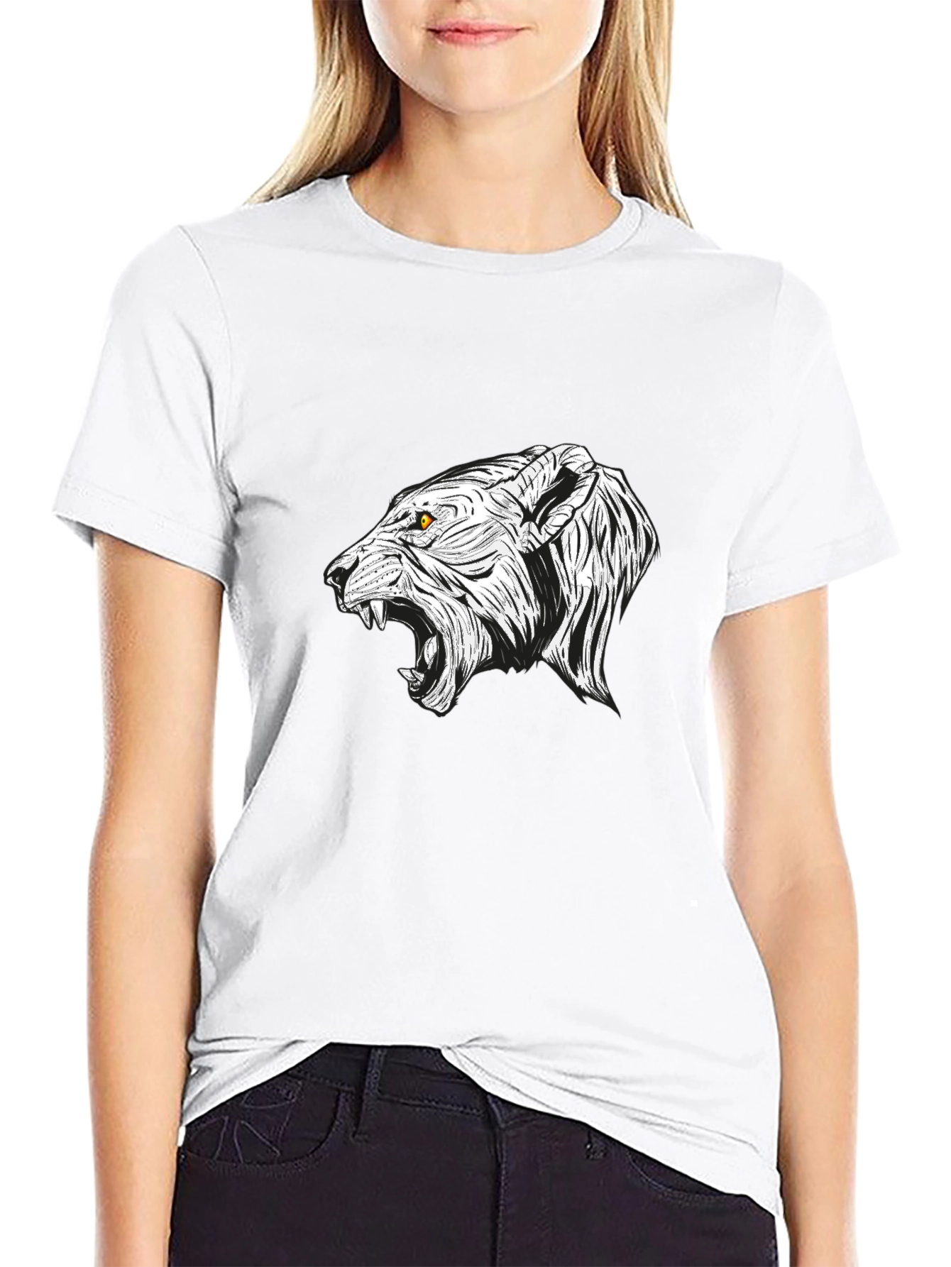 Mens Black T-Shirt with White Lion Graphic